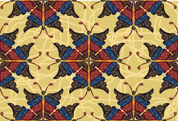 Indonesian batik motifs with distinctive butterfly and plant shape patterns. Vector, EPS 10