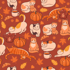Pattern with cats, pumpkins and leaves. Autumn mood. Vector graphics.