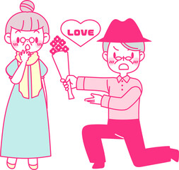 花束を持って告白をする男性