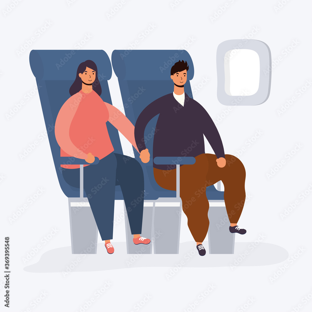 Canvas Prints young couple seated in airplane chairs avatars characters