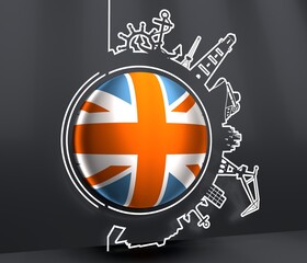 Obraz premium Circle with sea shipping and travel relative silhouettes. Objects located around the circle. Industrial design background. Flag of United Kingdom. 3D rendering