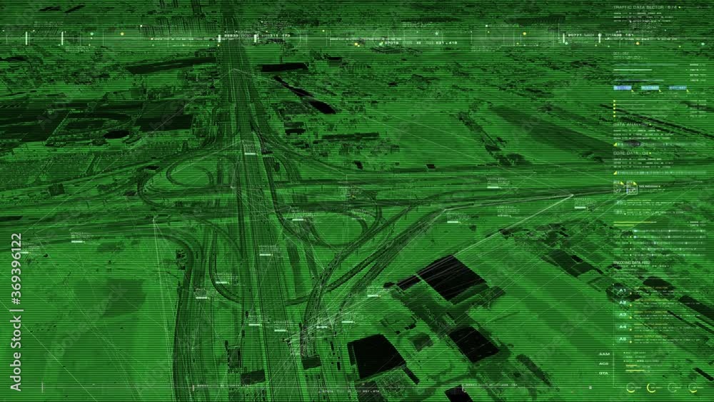 Poster Logistic concept aerial view of futuristic autonomous traffic on the elevated expressway with driverless cars using artificial intelligence computer network and satellite gps for navigation