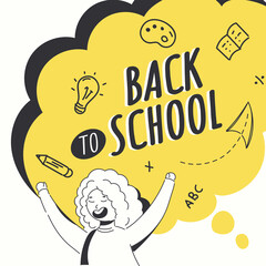 Doodle Style Illustration of Cheerful Girl Character with Education Supplies Elements on Speech Bubble Yellow and White Background for Back To School Concept.