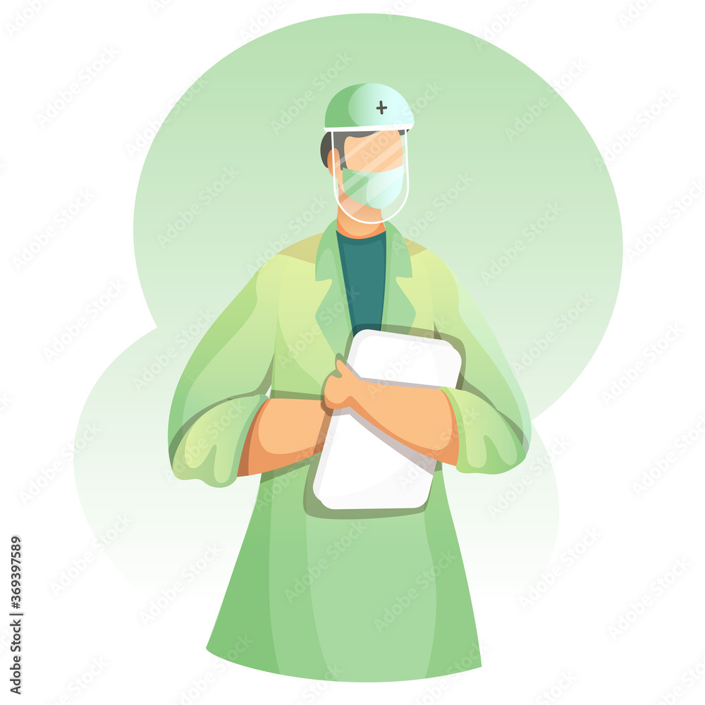 Sticker faceless doctor man wear ppe kit with report on green and white background.