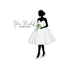 Beautiful Bride Short Gown with Bouquet Flower, Bridal Boutique Logo, Bridal Gown Logo Vector Design Template