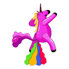 Unicorn pooping a rainbow, fantasy cute character beast multicolored shit turd. Vector illustration isolated cartoon style