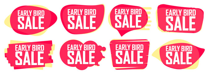 Early Bird, set sale bubble banners design template, discount tags, vector illustration