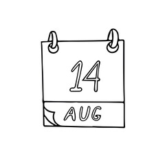 calendar hand drawn in doodle style. August 14. Day, date. icon, sticker, element, design. planning, business holiday