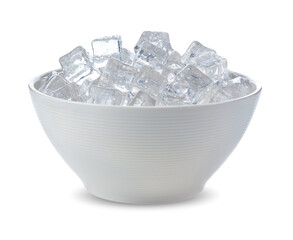 ice cubes in the bowl on white background.