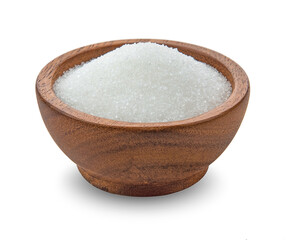 sugar in wood bowl on white background