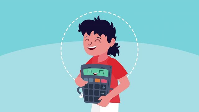 young student boy with calculator kawaii comic characters animation