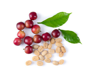 coffee grains and leaves on white background