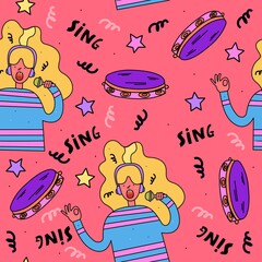 Seamless vector pattern-a cartoon girl sings in a microphone. Music. Bright background. - 369399123