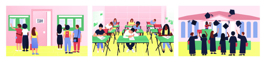 A set of varied and interesting student life. Students look at the exam results. Testing is underway in the classroom. At graduation, caps fly into the sky. Flat vector illustration.