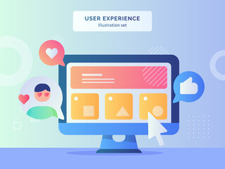 User experience illustration set wireframe ui on computer screen background of feedback like heart with flat style