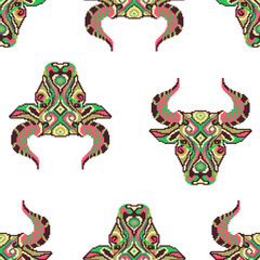 Seamless pattern with bulls in the form of mandalas. Design for wallpapers, textiles, websites, Christmas holidays, bedding, wrapping paper, t-shirt printing, product packaging and boxes. Vector stock