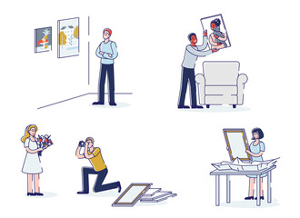 Set of people with canvas. Cartoon characters creating portraits, making pictures and looking at art