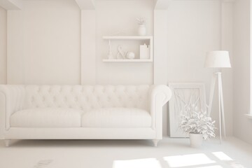Stylish minimalist room with sofa in white color. Scandinavian interior design. 3D illustration