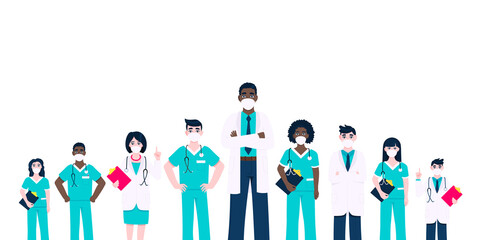 Medical staff doctors team with face masks clinic employee vector illustration isolated on white background. Hospital or medical clinic staff doctor, surgeon, nurse standing up with equipment.