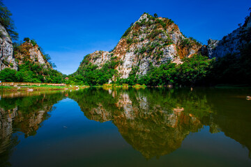 Naklejka premium Khao Ngu Stone Park-Ratchaburi: July27 2020,atmosphere of natural tourist attractions,tourists and travelers come to see the beauty of mountains and various kinds of trees the urban area,Thailand.