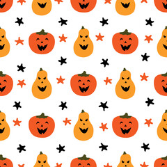 Happy Halloween. Seamless pattern with colorful cute pumpkins and cartoon stars on a white background. Vector illustration for festive background design, flyers, banners, prints, textiles, fabrics.