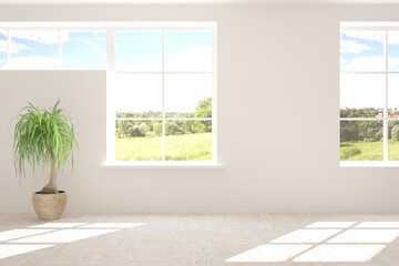 Obraz na płótnie Canvas White stylish empty room with summer landscape in window. Scandinavian interior design. 3D illustration