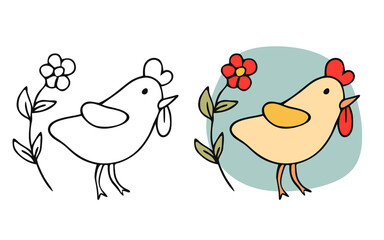 Chicken yellow in front of red blooming flower, hand drawn line drawing. Contour drawing. Scrawl. Drawing for the Easter holiday. Little chicken.Bird house. Vector illustration