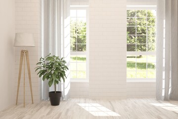 White stylish empty room with summer landscape in window. Scandinavian interior design. 3D illustration