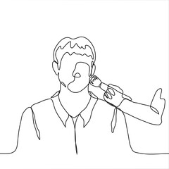 Fototapeta premium man in a shirt sits while he is being made up / makeup. One continuous line art man in a beauty salon, in a dressing room, backstage, preparing for photography or video filming.