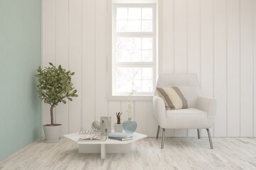 White cozy minimalist room with armchair. Scandinavian interior design. 3D illustration