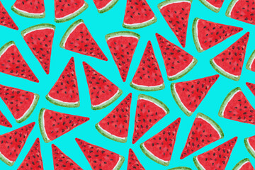 Seamless pattern. Many slices of red ripe watermelon on a blue background.