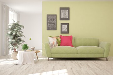 Green stylish minimalist room with sofa. Scandinavian interior design. 3D illustration