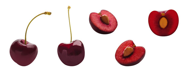 Ripe fresh red cherries isolated on white background.
Cherries with stems, berry collection. With trajectory trimming and cut in half. Clipping 

Path. Professional studio macro shooting
