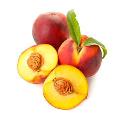 Sweet ripe peaches on white background