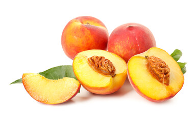 Sweet ripe peaches on white background