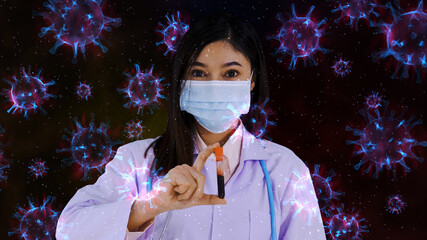 doctor holding a positive blood test and coronavirus (covid-19) floating in the air