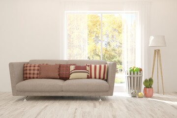 White room with sofa and autumn landscape in window. Scandinavian interior design. 3D illustration