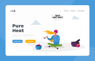 Spicy Dish Cooking Landing Page Template. Male Character Eating Hot Spicy Food. Chilli or Jalapeno Pepper Meal Cuisine
