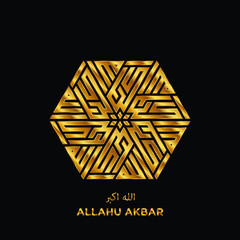 Hexagonal Gold Islamic Kufi Calligraphy of Dhikr Takbeer (ALLAHUAKBAR : Allah is Great)