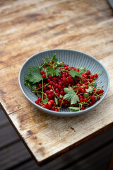 Red currant in a rustic plate on a old brown wooden background