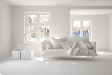 White stylish minimalist room in grey color with sofa and winter landscape in window. Scandinavian interior design. 3D illustration