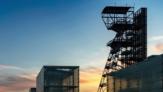 Coal mine of Katowice transformed into a modern center of culture - blue hour - time lapse detail shot