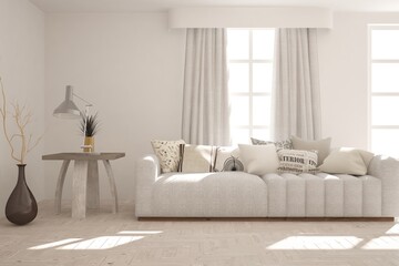 White stylish minimalist room with sofa. Scandinavian interior design. 3D illustration