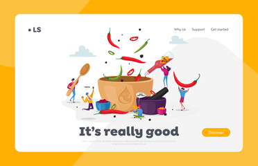 Characters Cooking Food with Hot Chili Landing Page Template. Tiny Characters Put Red or Black Chilli Pepper to Huge Pan