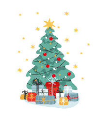 Flat illustration with a Christmas tree with gifts. Cartoon clip-art for design of postcard, poster, banner, invitation. Christmas tree decorated with garlands and a star, boxes with presents