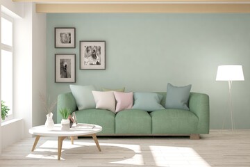 White stylish minimalist room with sofa. Scandinavian interior design. 3D illustration