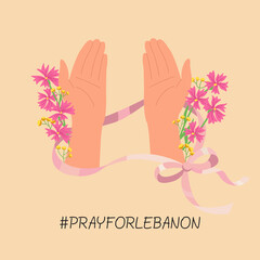 Pray for Lebanon illustration. Prayer hands decorated with flowers and pink ribbon. Beirut explosion breaking news. Donation charity template post. Flat style vector.