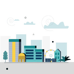 Naklejka premium Cityscape with high-rise buildings, park, ferris wheel on white background