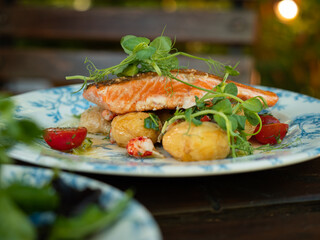 Gourmet trout fillet served with salad in beautiful outdoor garden.