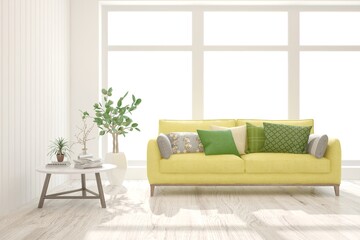 White stylish minimalist room with sofa. Scandinavian interior design. 3D illustration